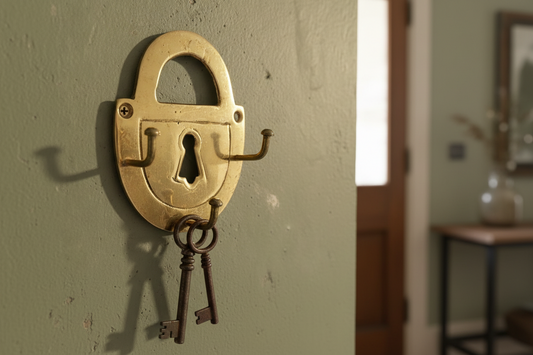Brass Padlock Vintage Wall Key Holder | Mid-Century Key Rack with Hooks