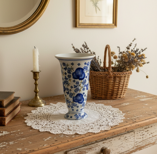 Chinoiserie Vintage Blue & Yellow Floral Ceramic Vase