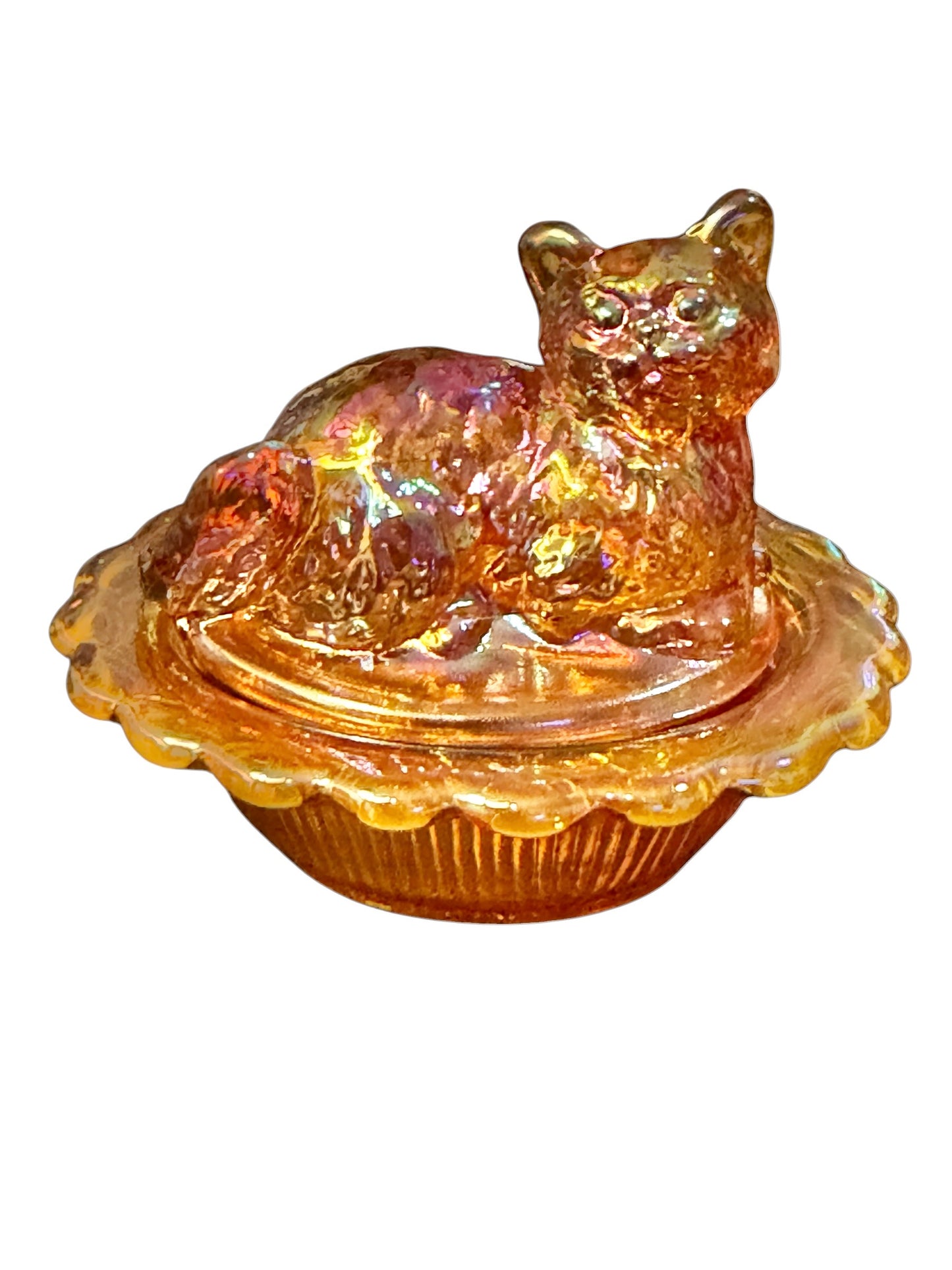 Mosser Glass Marigold Carnival Glass Mini Cat on Basket Covered Salt Cellar | Trinket Box