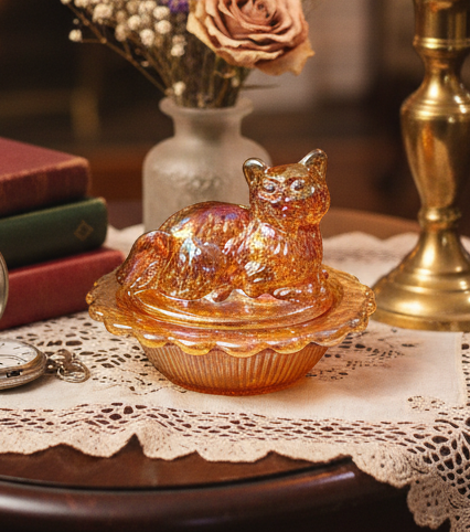 Mosser Glass Marigold Carnival Glass Mini Cat on Basket Covered Salt Cellar | Trinket Box