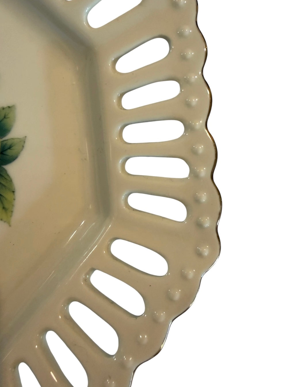 German Reticulated Porcelain Vintage Wall Plate | Cottagecore Fruit Decor | Gold Gilt Pierced Hanging Plate