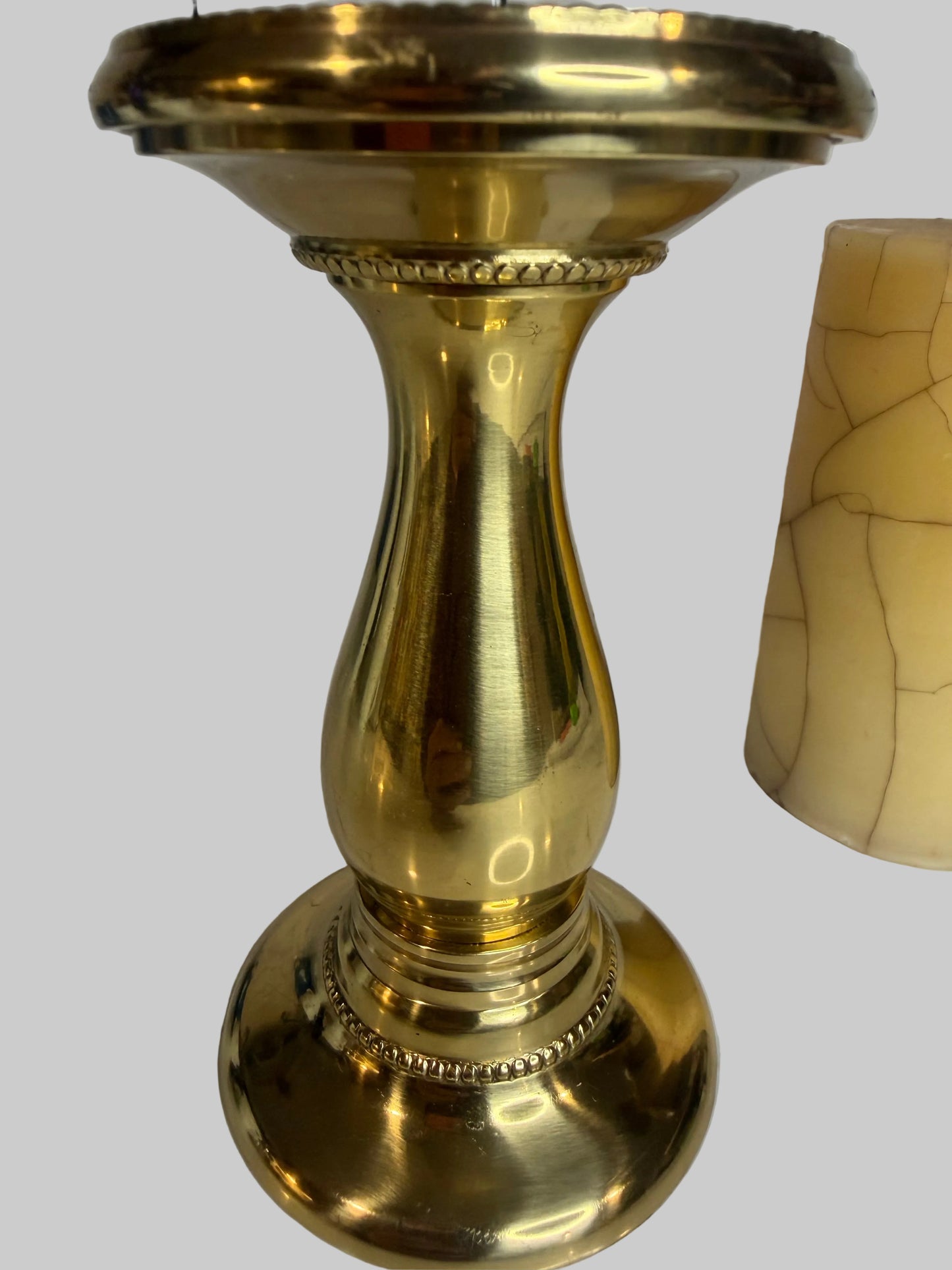 Frontgate Brass Pillar Candle Holder with Crackled Cream Candle