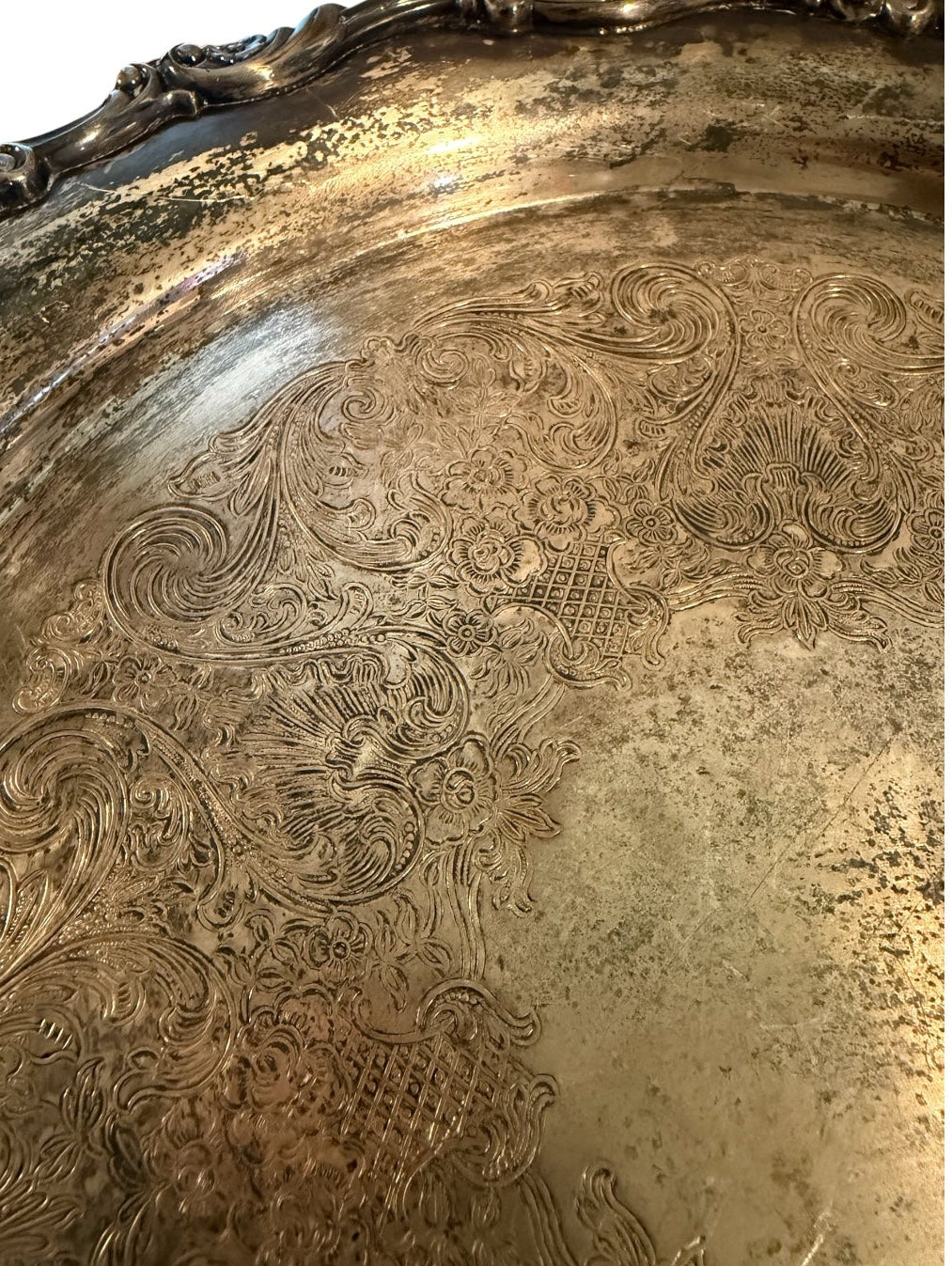 Wm Rogers Silverplate Vintage Heavy Serving Tray – 13” Round Etched Floral Scalloped Platter