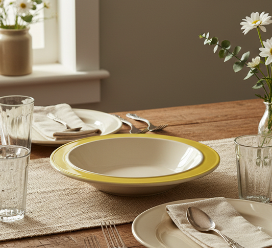 Vintage Stonecrest Andre Ponche Yellow Rim Cereal Soup Bowl – Sandpebbles Yellow – 1970s Korea