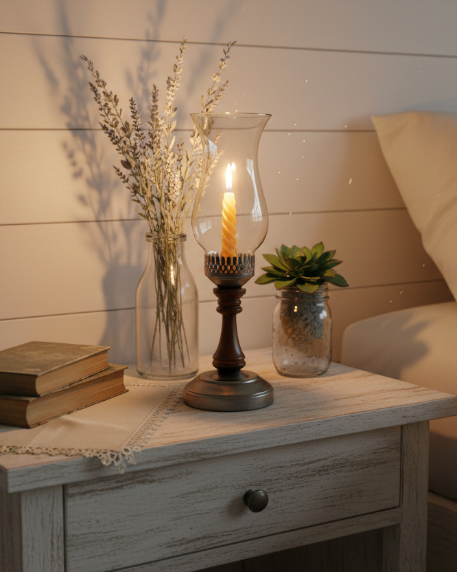 Vintage Mid-Century Wood & Metal Candlestick Holder with Hurricane Shade