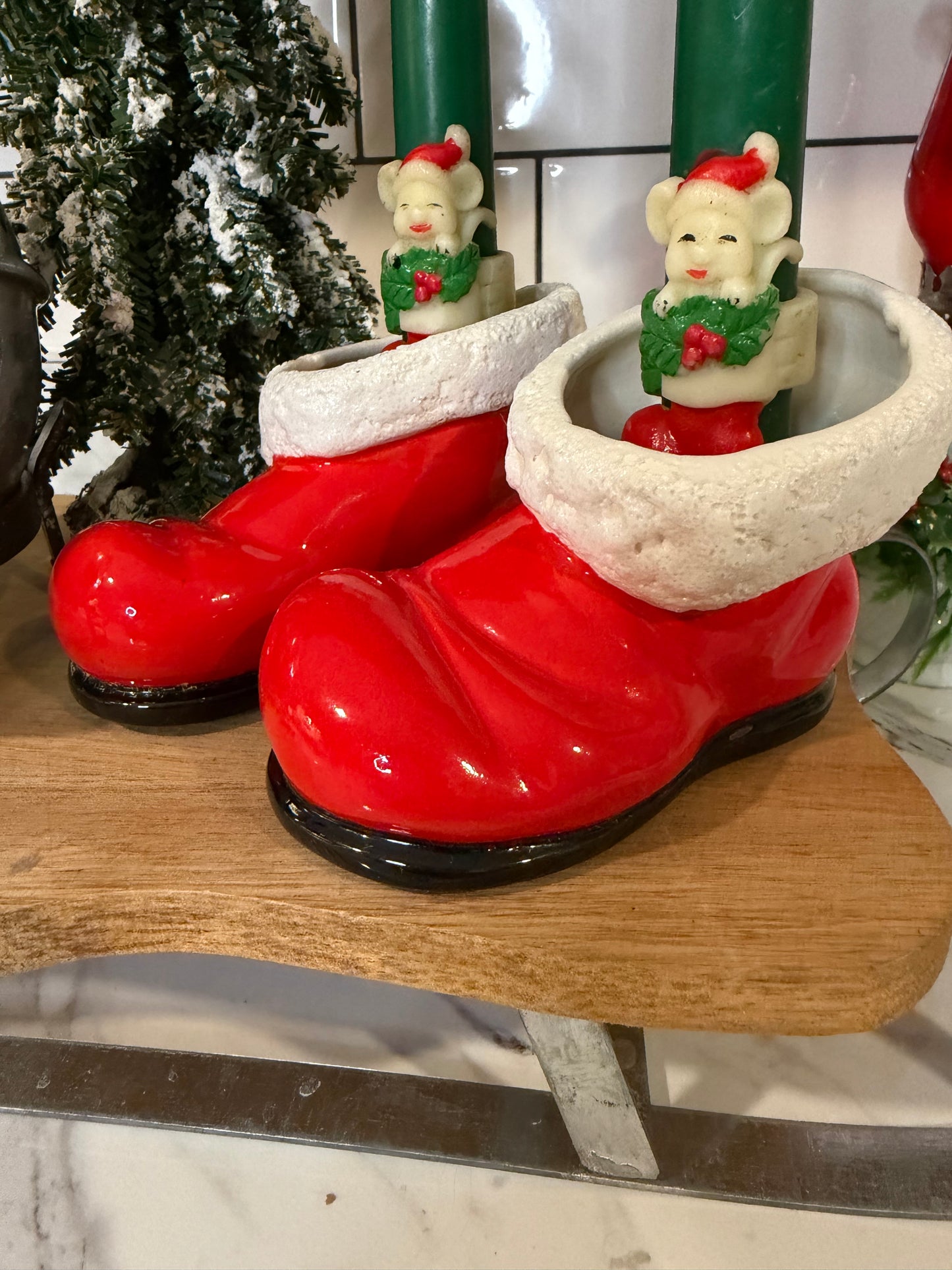 Vintage Santa Boot Candle Holders — Pair — Red with White Trim & Black Soles