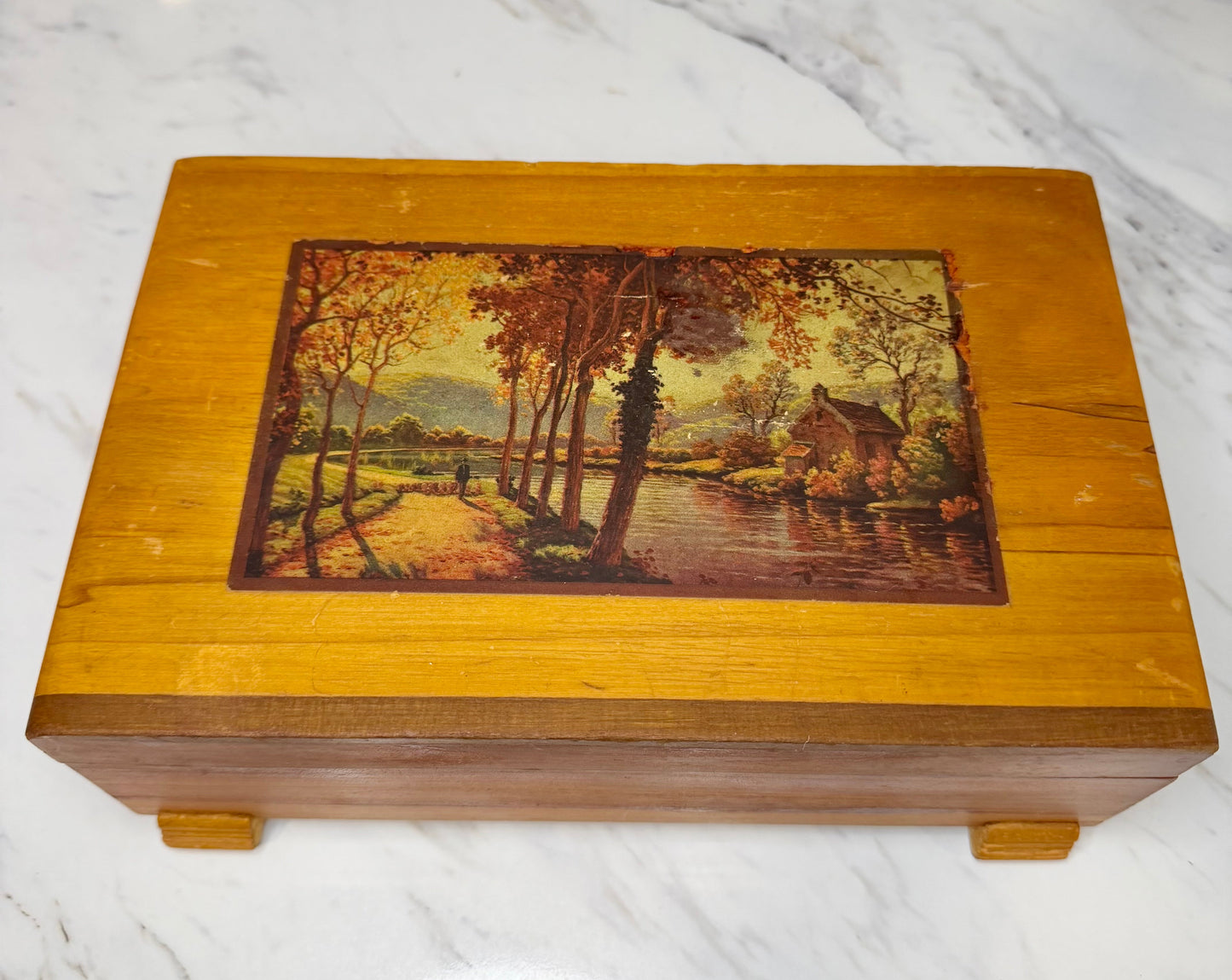 Vintage Cedar Jewelry Box with Autumn Landscape Decoupage