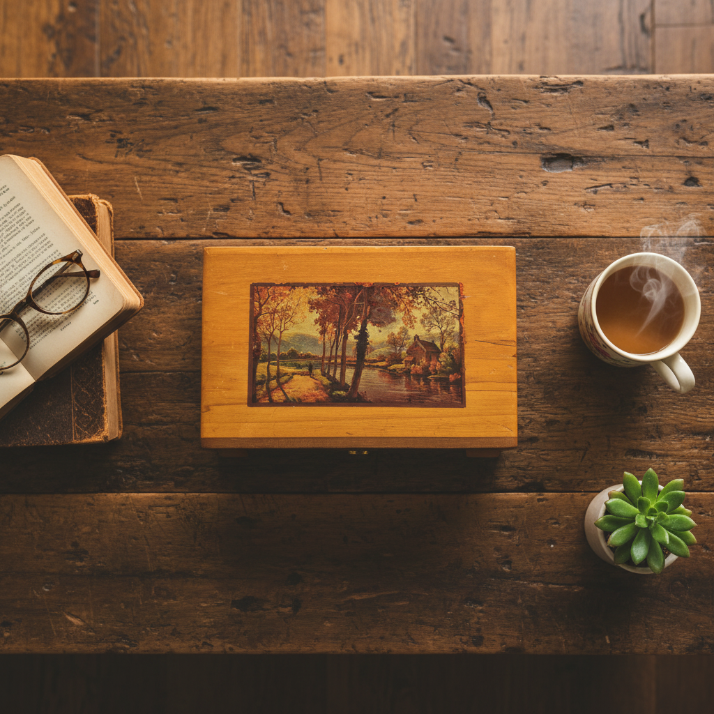 Vintage Cedar Jewelry Box with Autumn Landscape Decoupage