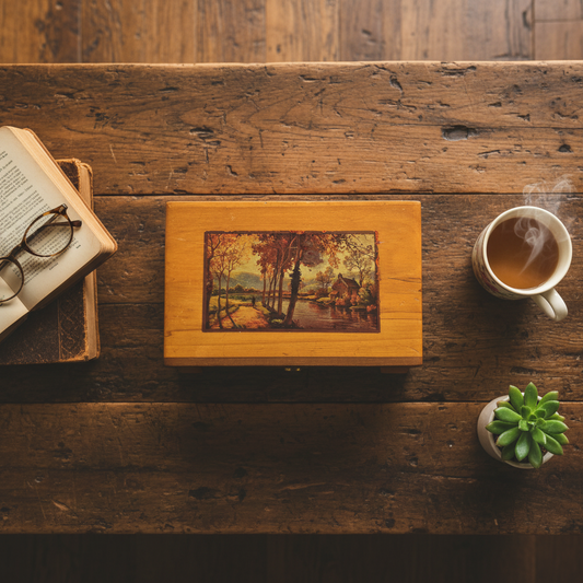 Vintage Cedar Jewelry Box with Autumn Landscape Decoupage