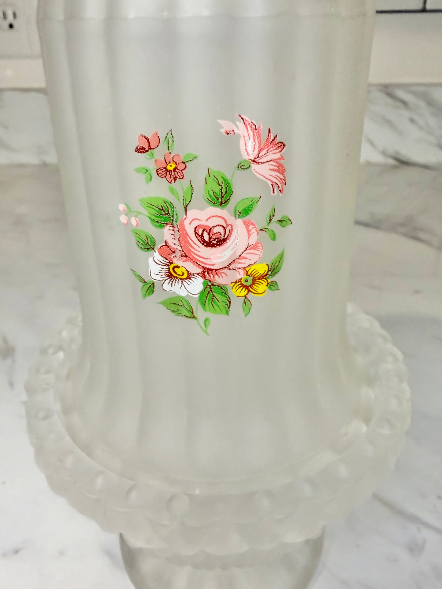 Vintage Frosted Satin Glass Fairy Lamp with Pink Roses