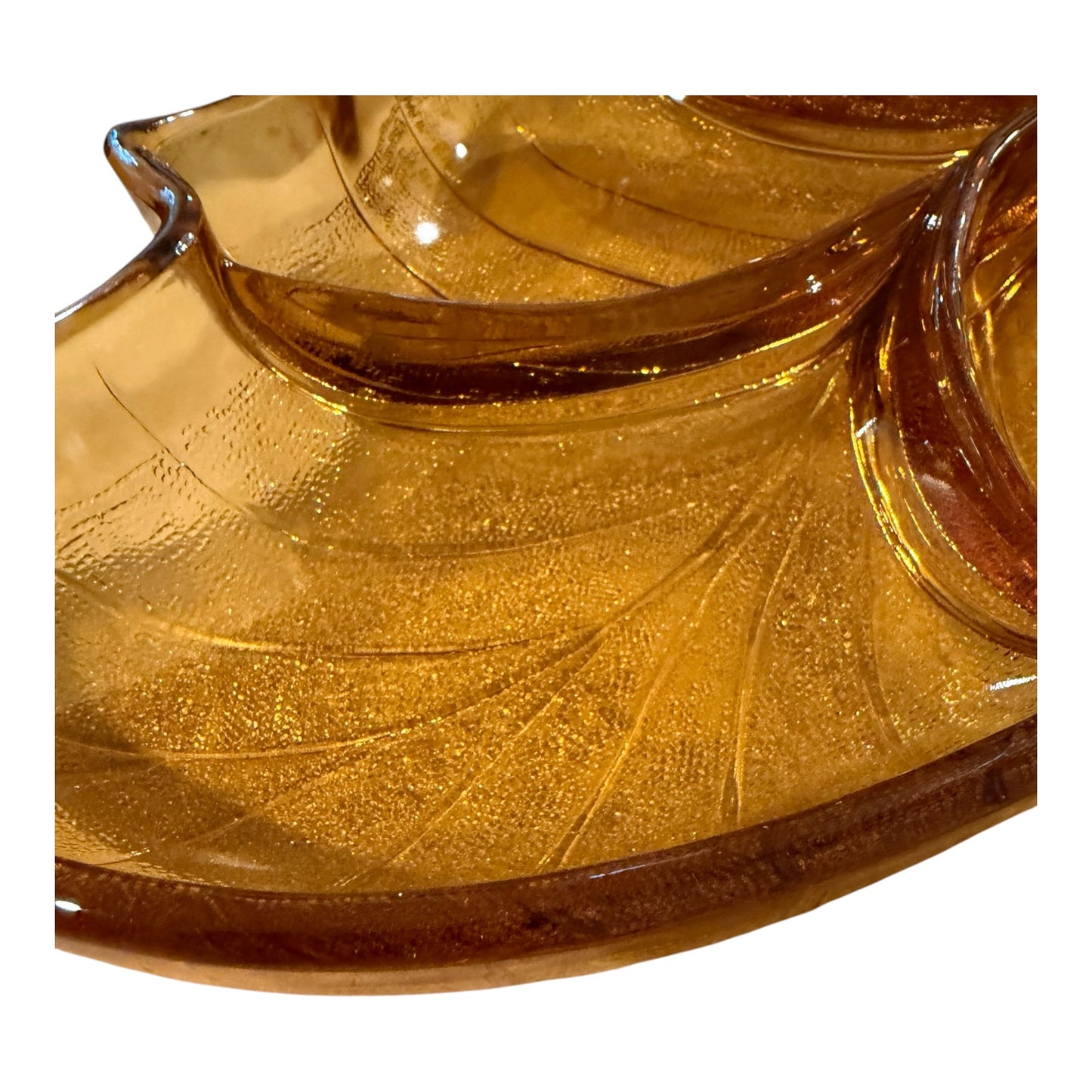 Viking Glass Vintage Divided Leaf Tray | Golden Amber Mid-Century Modern Serving Dish