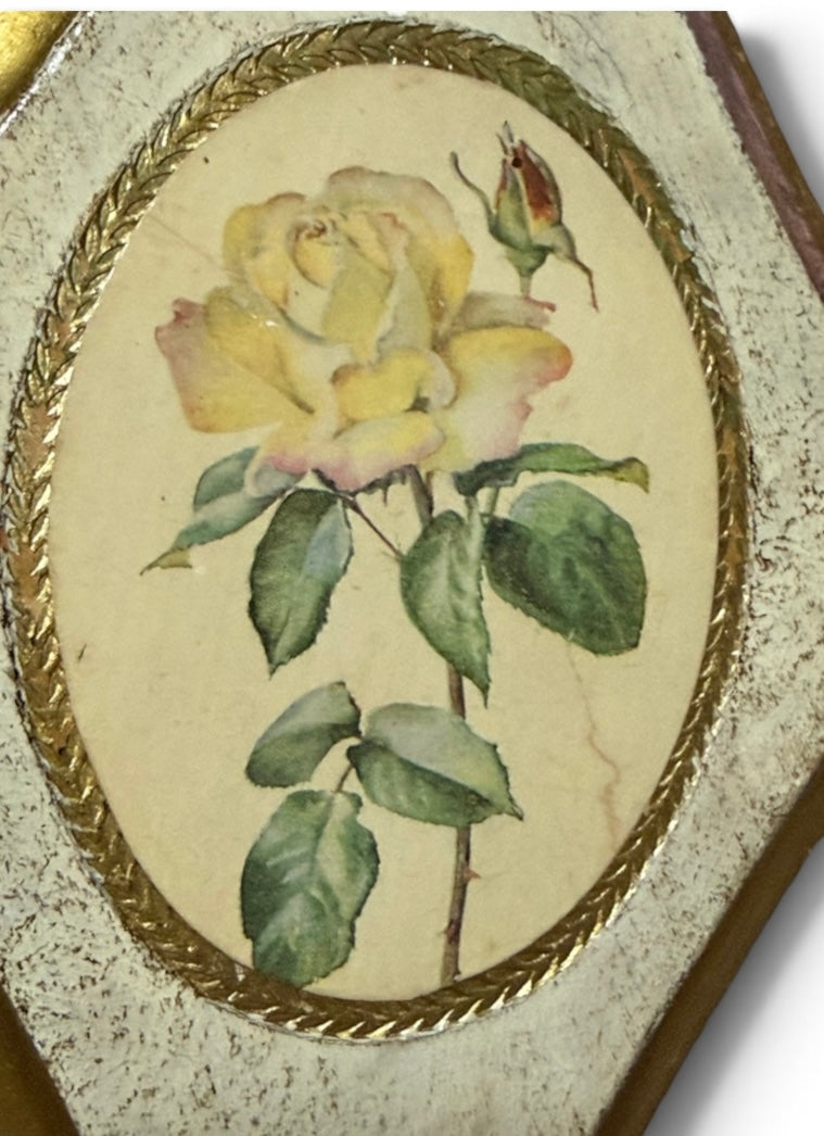 Italian Vintage Florentine Rose Wall Plaques – Pair of Diamond-Shaped Gilt Wood Botanical Art
