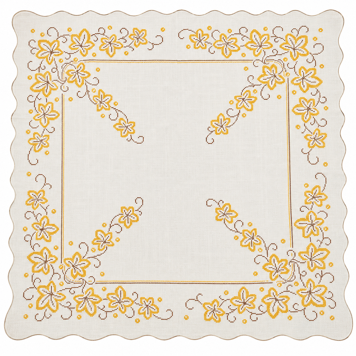 Square Off White Linen Table Topper – Yellow & Brown Cross-Stitch Floral Embroidery – 48”