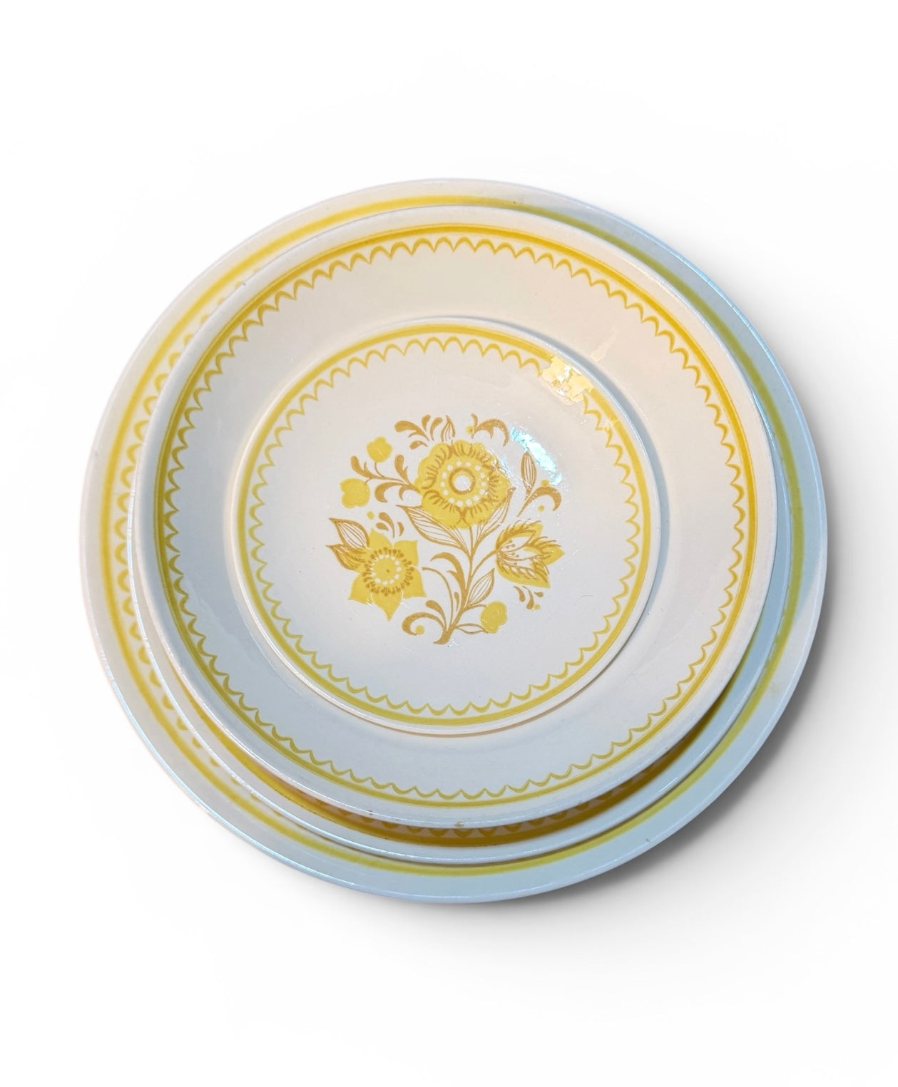 Vintage Royal China Jubilee Ironstone Serving Set – Yellow Floral Mid-Century Bowls & Plates – 4 Piece Retro USA Dinnerware Set