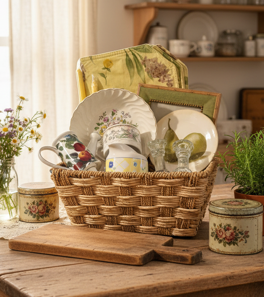 Curated Vintage Cottagecore Basket | Wicker Basket Filled with Vintage Kitchen & Tabletop Finds