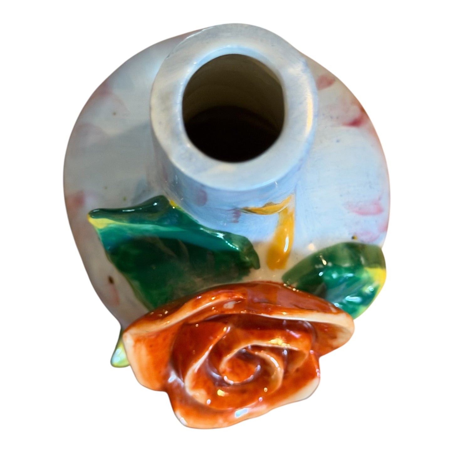 Occupied Japan Ceramic Bud Vase with Applied Porcelain Rose | Hand-Painted Floral Vase | 4.5”