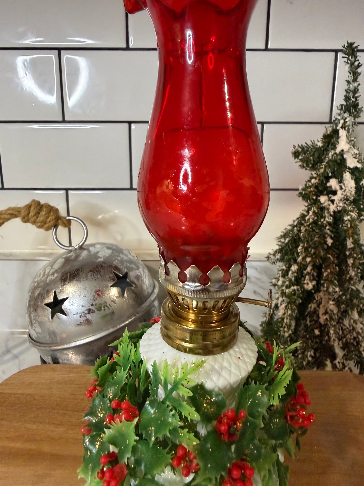 Vintage Milk Glass Oil Lamp – Red-Coated Glass Chimney with Holly Berry Wreath