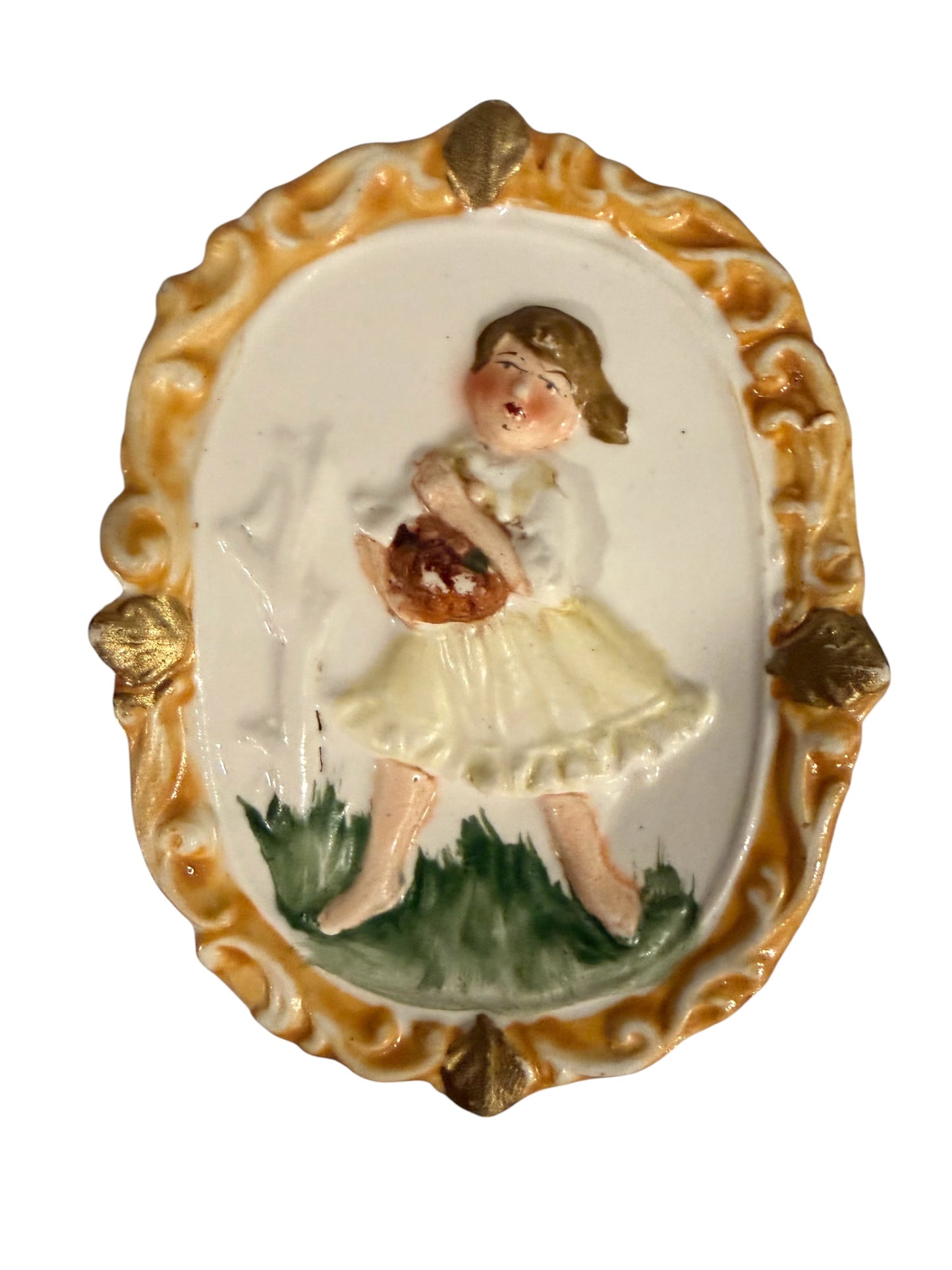 Vintage Mid-Century Porcelain Wall Plaque Pair – Hand-Painted Girl with Basket (Enesco / Occupied Japan Style)