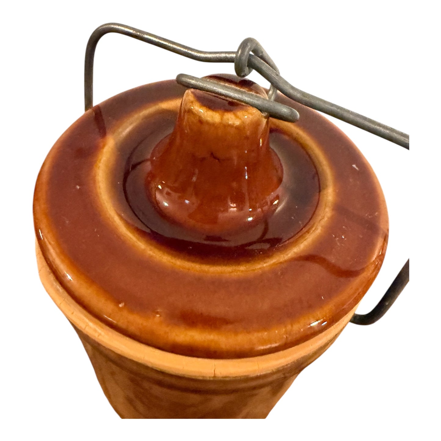 Brown Vintage Stoneware Cheese or Butter Crock with Wire Bail Lid