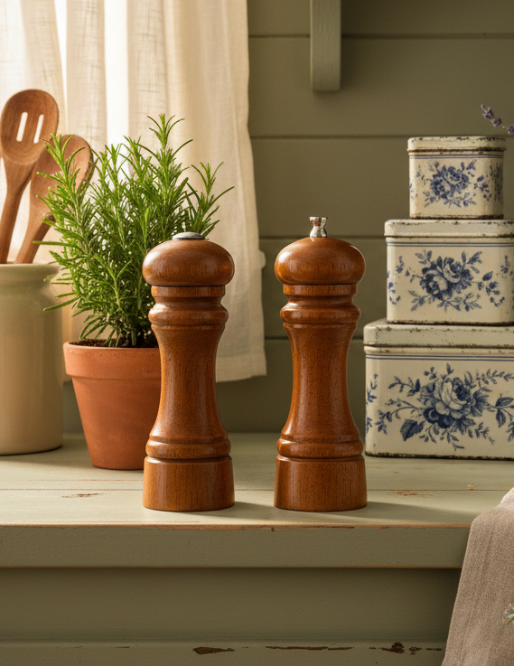 Mr. Dudley Wooden Vintage Salt Shaker & Pepper Mill Set – Walnut Finish – 7”