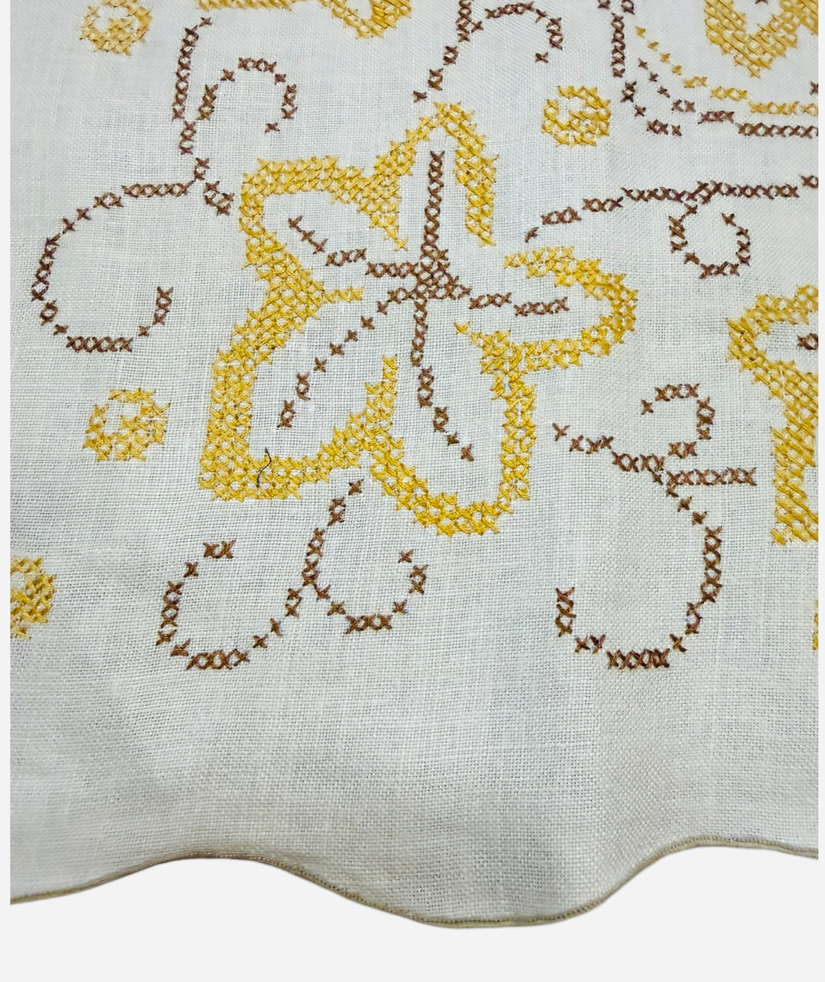 Square Off White Linen Table Topper – Yellow & Brown Cross-Stitch Floral Embroidery – 48”