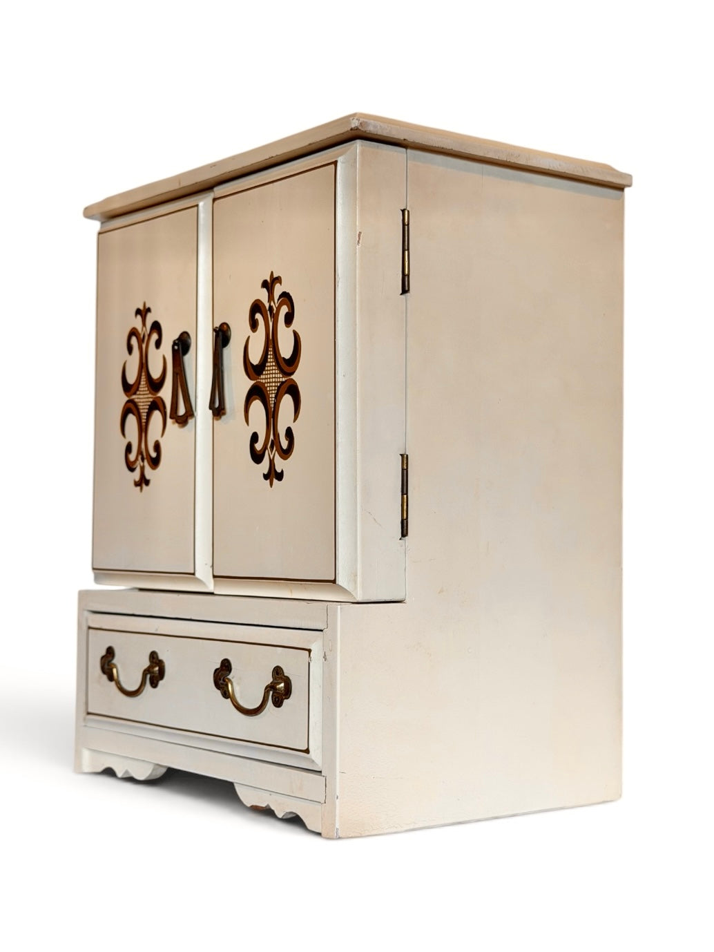 1970s French Provincial Jewelry Armoire Music Box – Cream & Gold