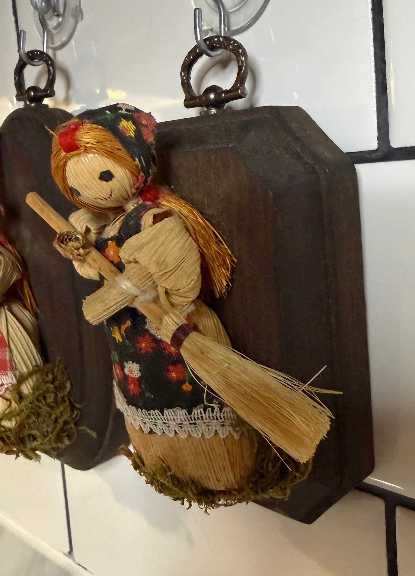 Pair of Corn Stalk Ladies Wood Mounted Appalachian Folk Art