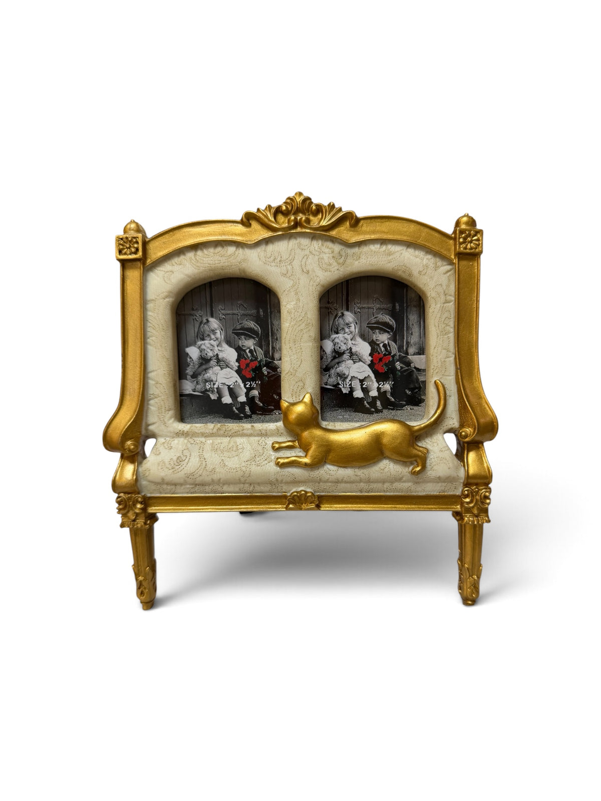 Victorian-Style Settee Double Picture Frame with Gold Cat Accent