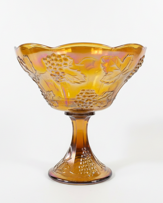 Vintage Indiana Glass Harvest Grape Amber Marigold Carnival Glass Pedestal Bowl