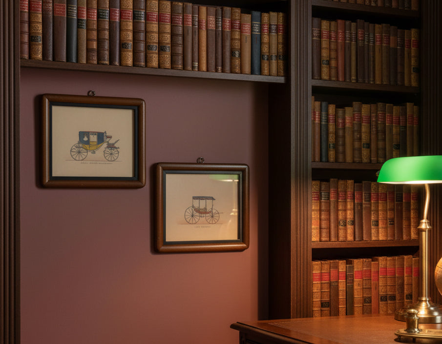 Pair of Vintage Horse-Drawn Carriage Prints – “Scroll-Arched Caleche Coach” & “Light Rockaway” – Mid-Century Autoprints