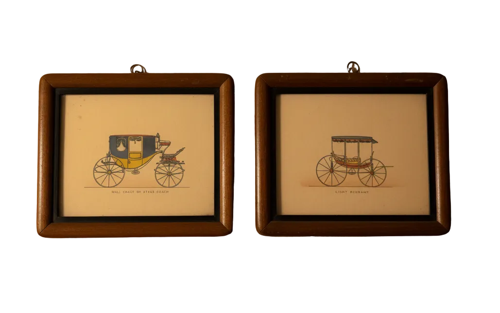 Pair of Vintage Horse-Drawn Carriage Prints – “Scroll-Arched Caleche Coach” & “Light Rockaway” – Mid-Century Autoprints