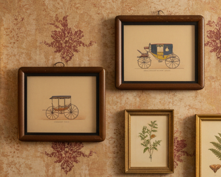 Pair of Vintage Horse-Drawn Carriage Prints – “Scroll-Arched Caleche Coach” & “Light Rockaway” – Mid-Century Autoprints