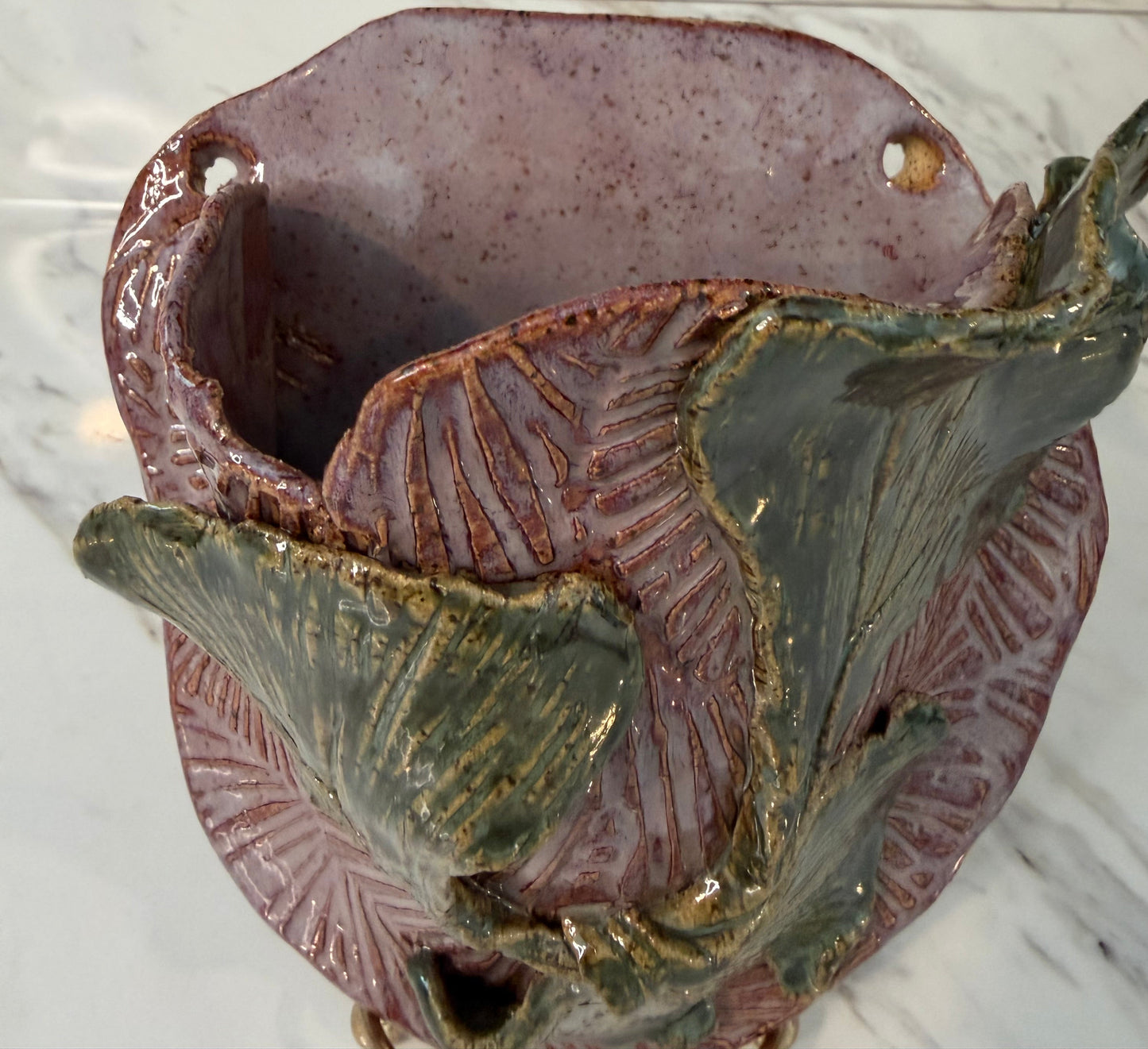 Handmade Ceramic Wall Pocket with Ginkgo Relief – Purple & Green Studio Pottery Vase