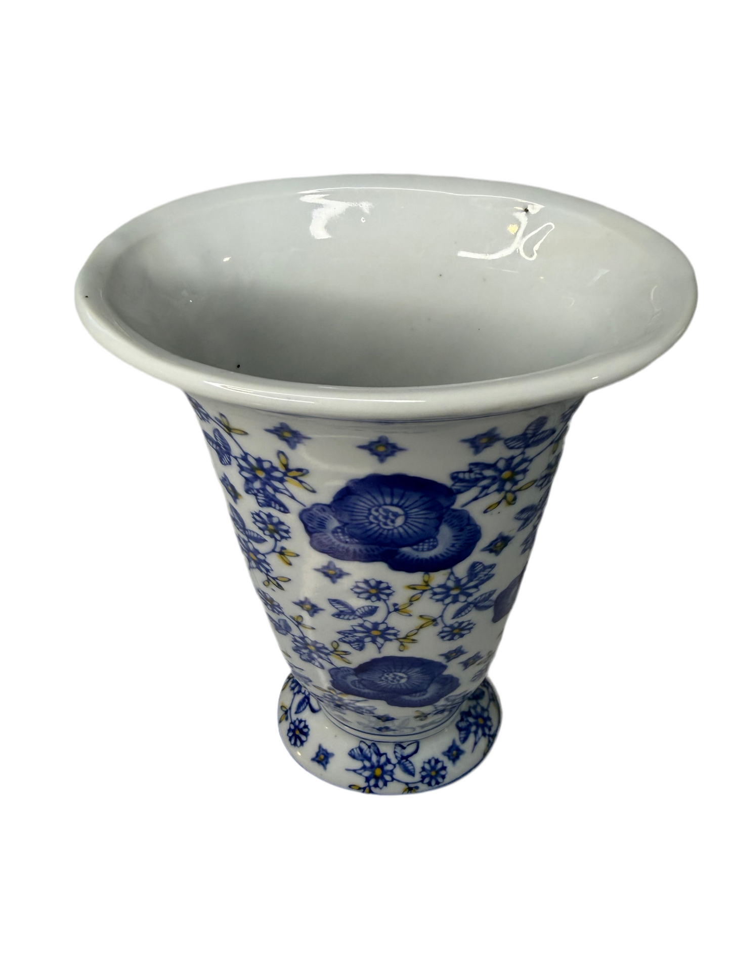 Chinoiserie Vintage Blue & Yellow Floral Ceramic Vase