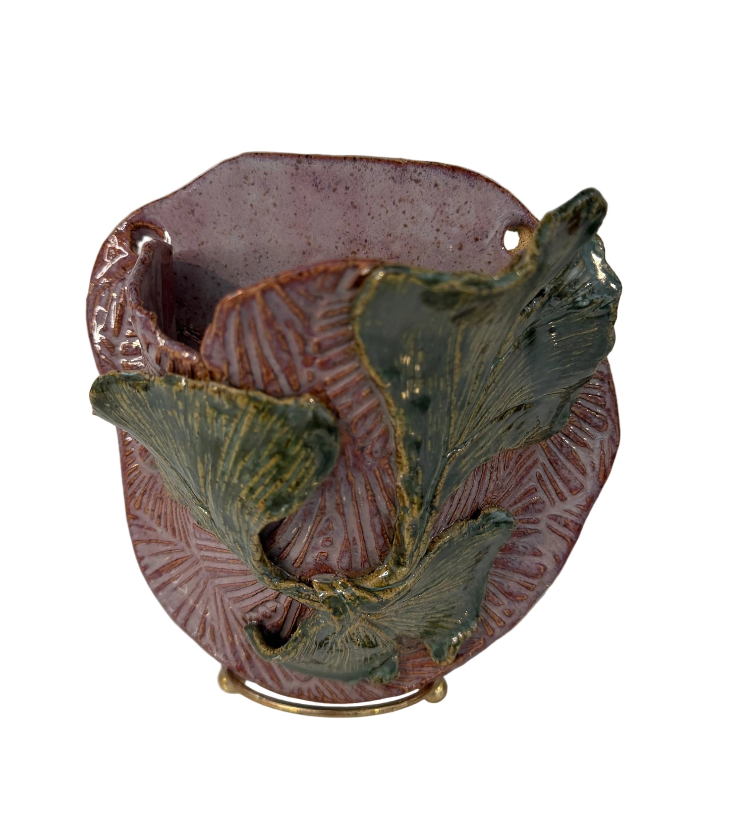 Handmade Ceramic Wall Pocket with Ginkgo Relief – Purple & Green Studio Pottery Vase
