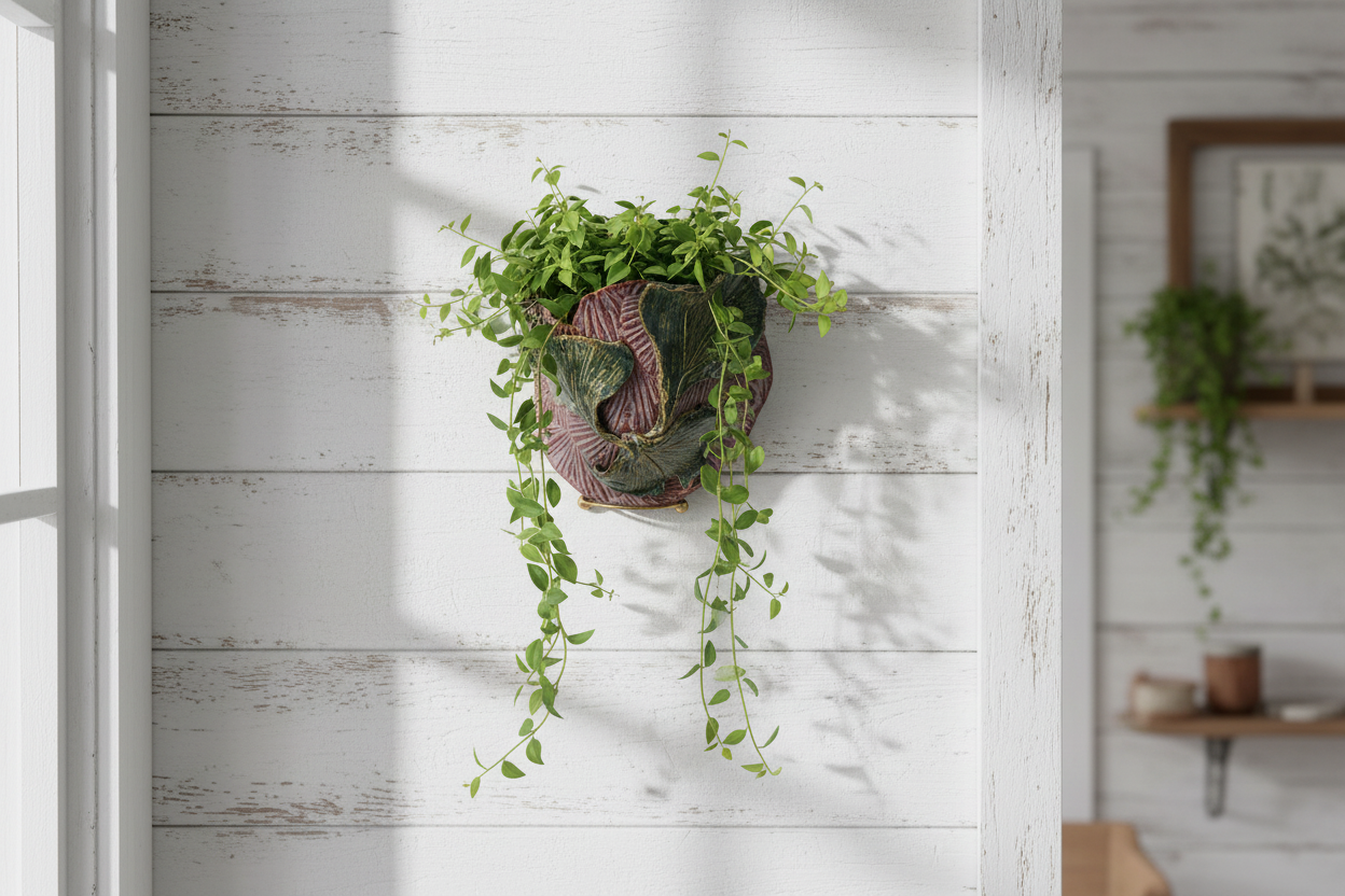Handmade Ceramic Wall Pocket with Ginkgo Relief – Purple & Green Studio Pottery Vase