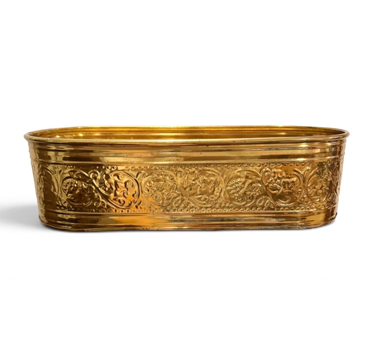Large Embossed Vintage Brass Cachepot Planter | Window Sill Planter