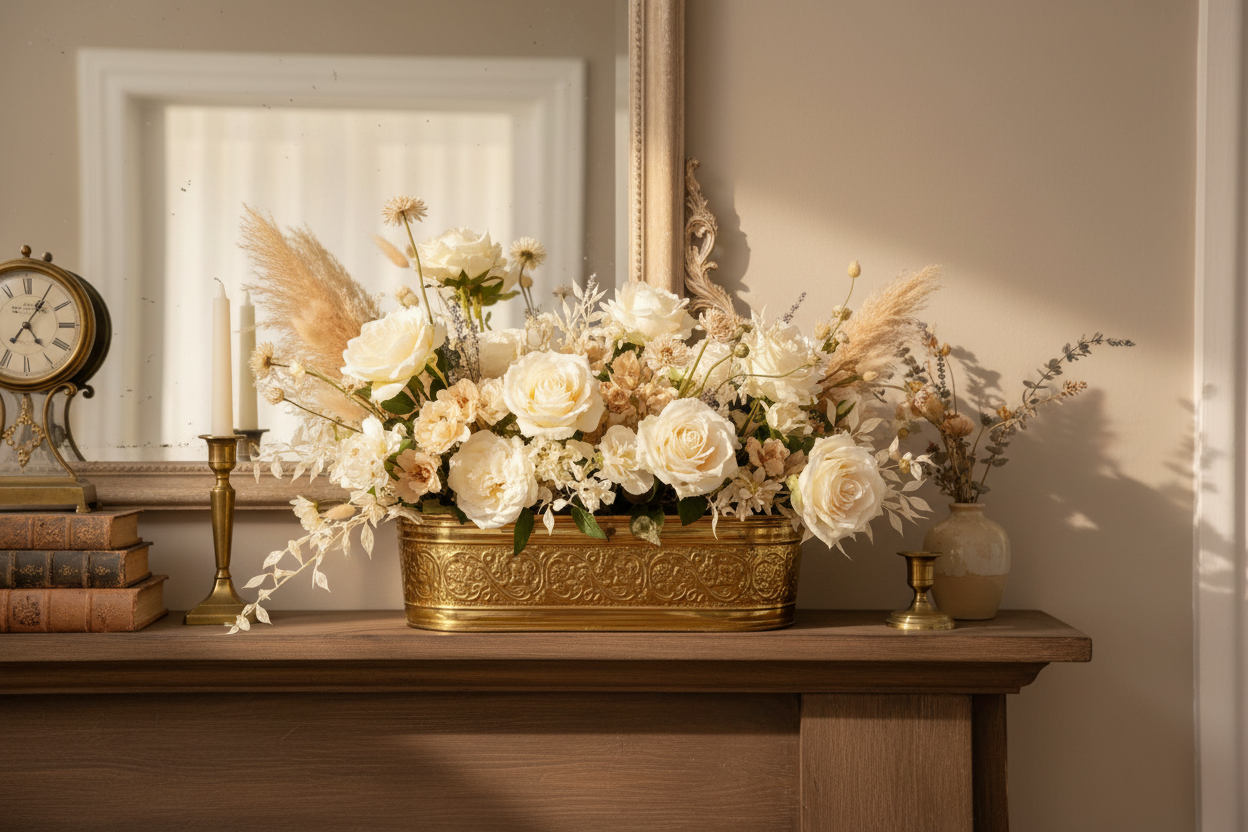 Large Embossed Vintage Brass Cachepot Planter | Window Sill Planter