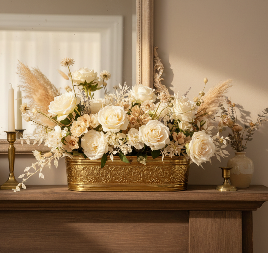 Large Embossed Vintage Brass Cachepot Planter | Window Sill Planter