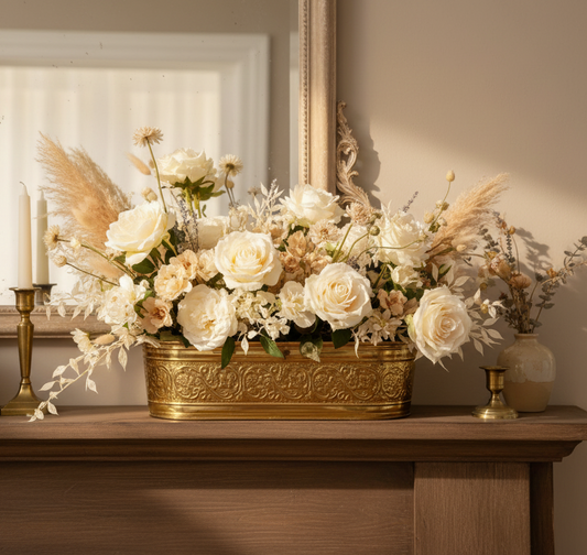 Large Embossed Vintage Brass Cachepot Planter | Window Sill Planter