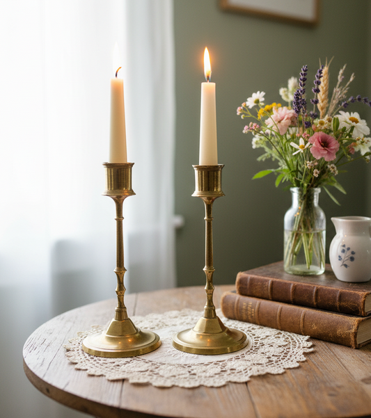 Brass Candlestick Holders – Pair | Dainty Multi-Collared Stem Design | Vintage