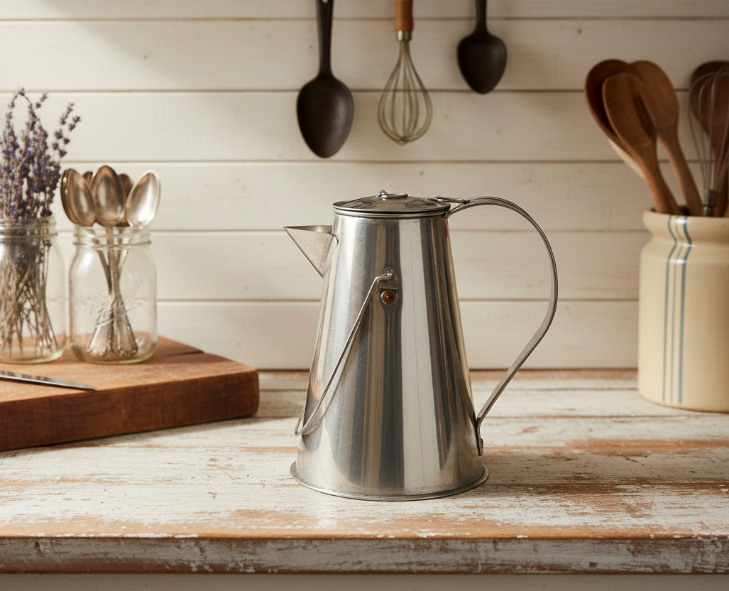 Vintage Silver-Toned Conical Coffee Pot | Mid-Century Modern / Art Deco Style Metal Vessel