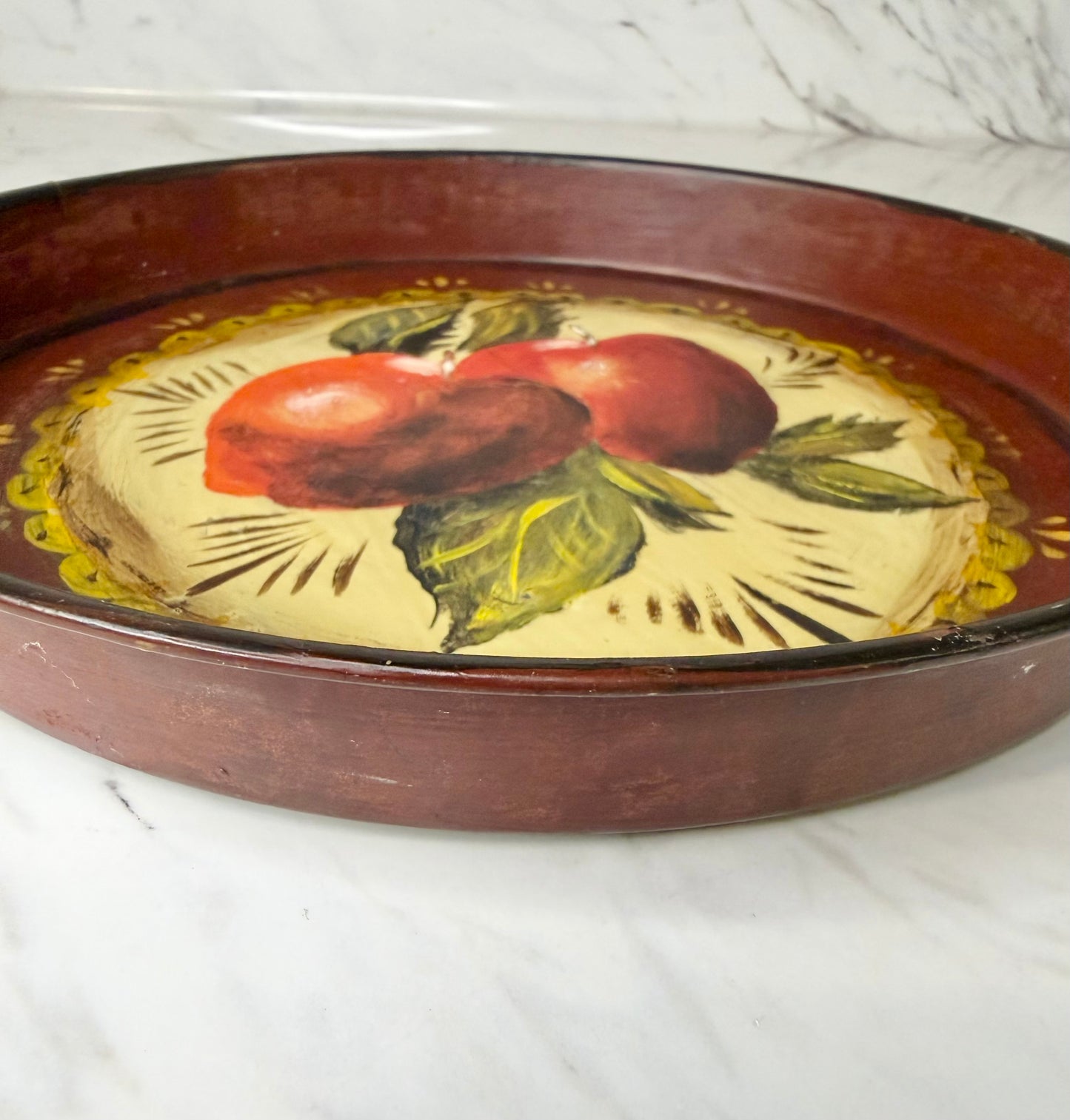 Vintage Hand-Painted Toleware Tray – Folk Art Apple Design, 1974