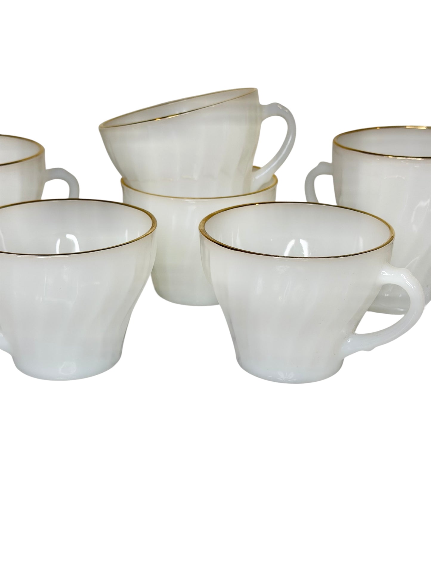 Vintage Fire-King Golden Shell Milk Glass Creamer, Sugar Bowl & Mugs Set – Anchor Hocking Swirl Pattern with Gold Trim