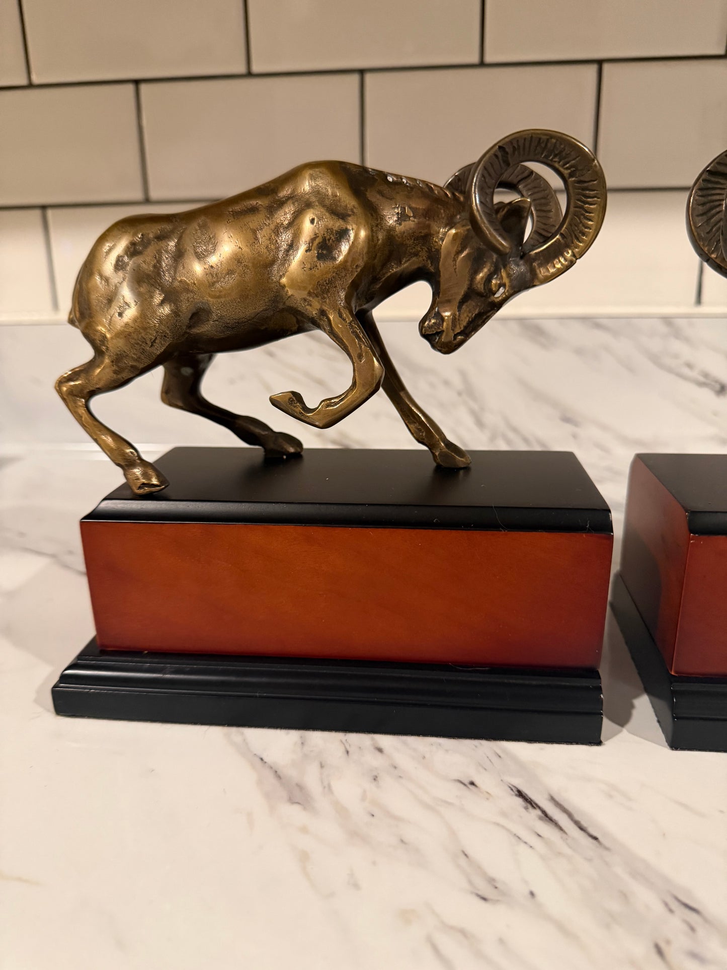 Pair of Vintage Brass Ram Bookends — Wood Base —
Mid Century