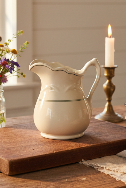 30’s - 40’s Mayer China Ivory Restaurant Ware Cream Pitcher | Green Stripe Hotel Ware | Vitrified China