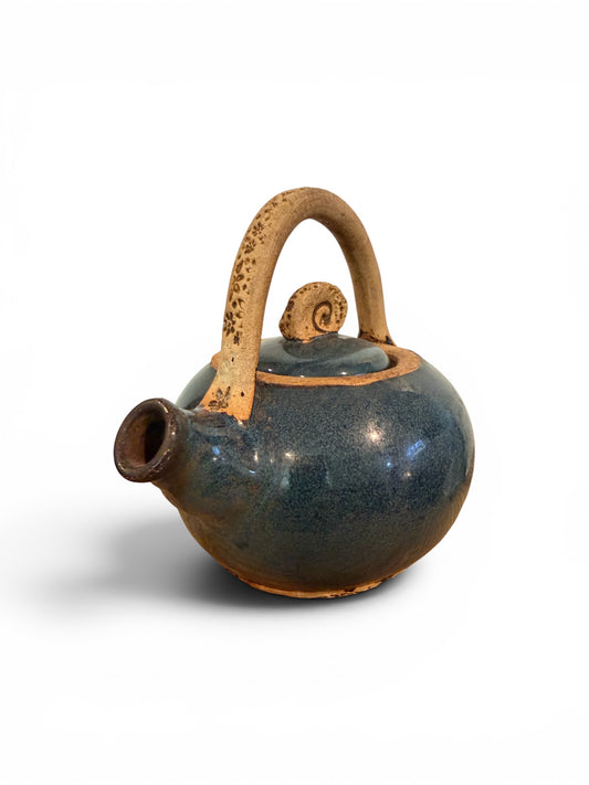 Hand-Thrown Studio Pottery Teapot – Blue/Teal Reactive Glaze with Overhead Clay Handle & Spiral Finial
