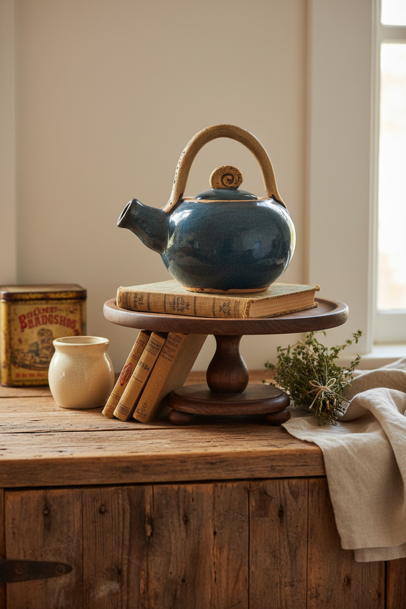 Hand-Thrown Studio Pottery Teapot – Blue/Teal Reactive Glaze with Overhead Clay Handle & Spiral Finial