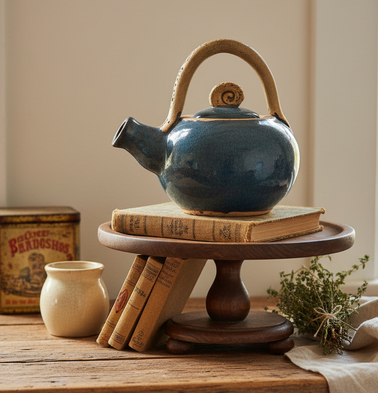 Hand-Thrown Studio Pottery Teapot – Blue/Teal Reactive Glaze with Overhead Clay Handle & Spiral Finial