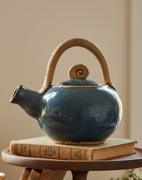 Hand-Thrown Studio Pottery Teapot – Blue/Teal Reactive Glaze with Overhead Clay Handle & Spiral Finial